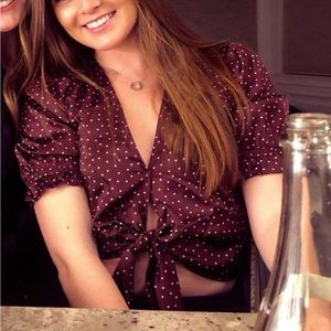 Abercrombie & Fitch Tie-Front Satin Blouse in Brown Dot